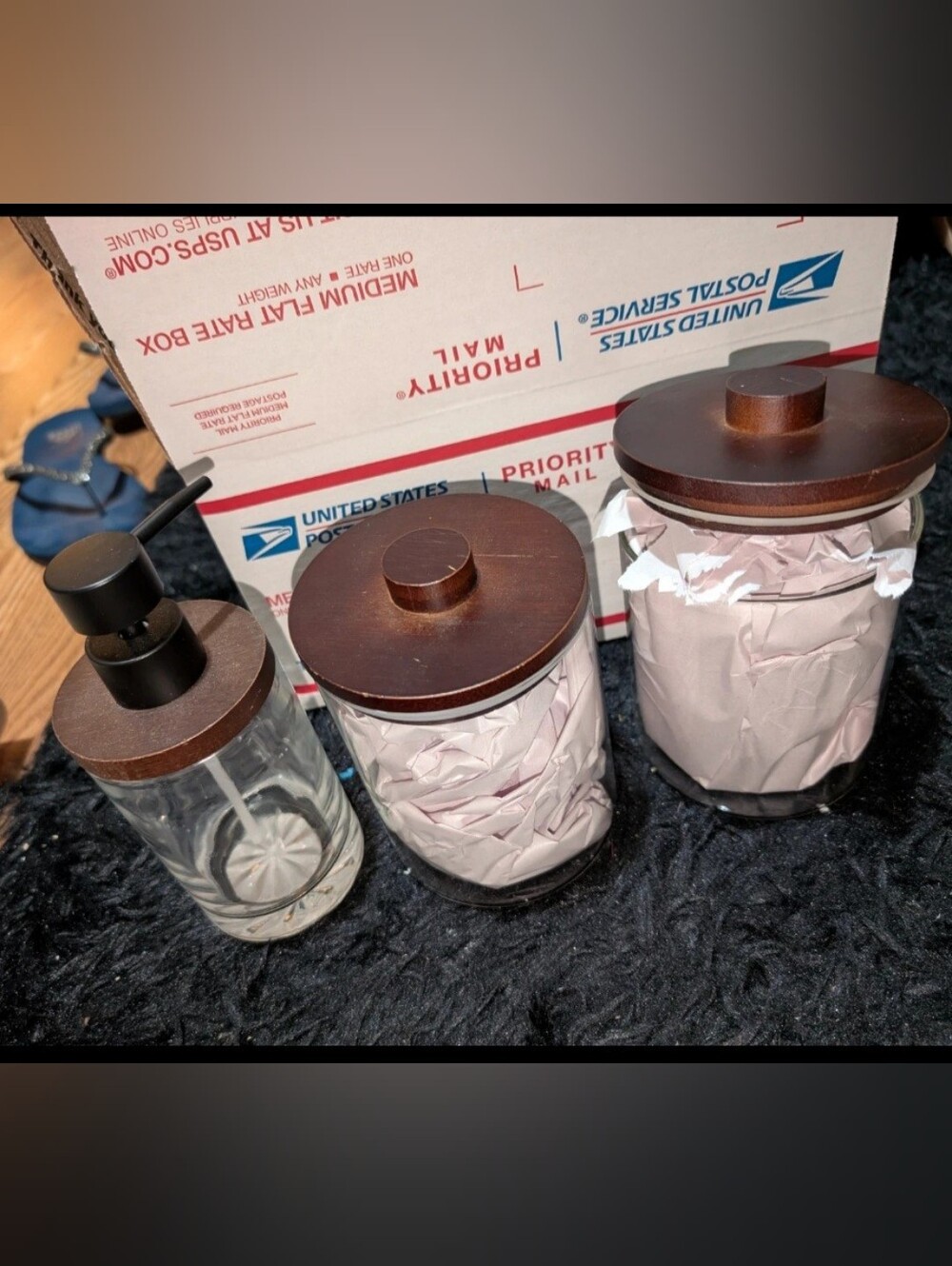 Glass Kitchen Canister with Brown Wood-Look Lid -